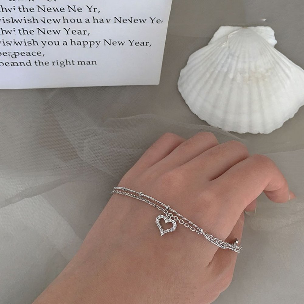 NEW 925 Sterling Silver Diamond Heart Layer Anklet - Picture 2 of 12